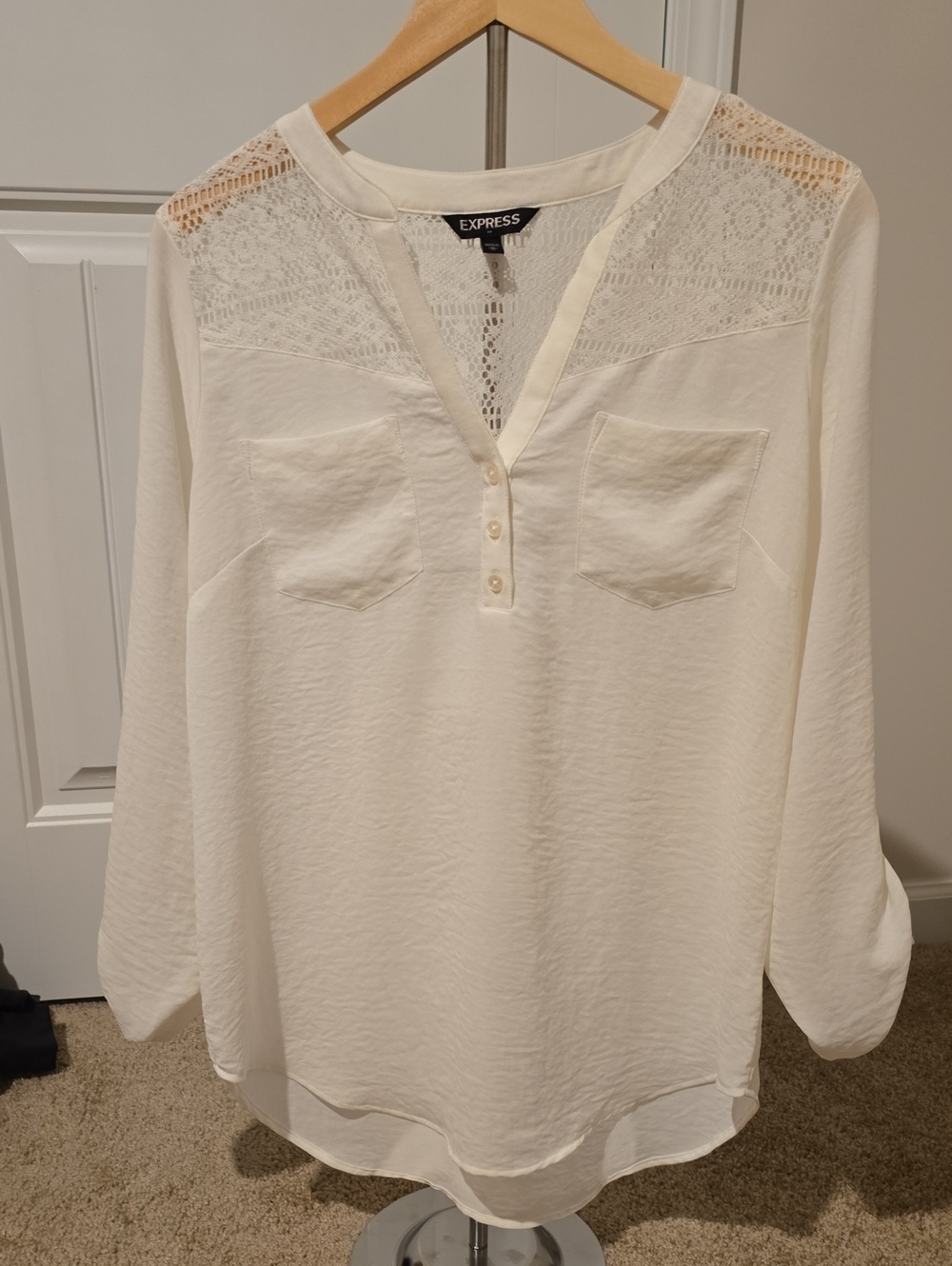 Express Cream Lace Yoke Henley Blouse